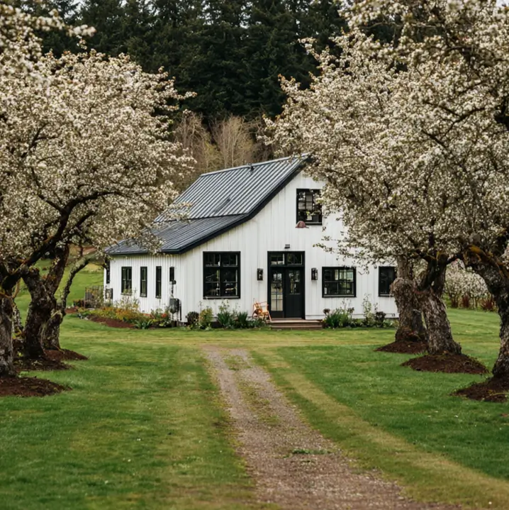 A charming white and black farmhouse exterior beautifully framed by rows of white blossoming trees in an orchard.