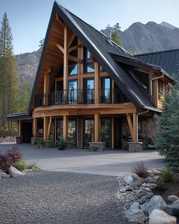A grand timber-frame A-frame lodge with a metal roof and stone accents, set against a backdrop of mountains.