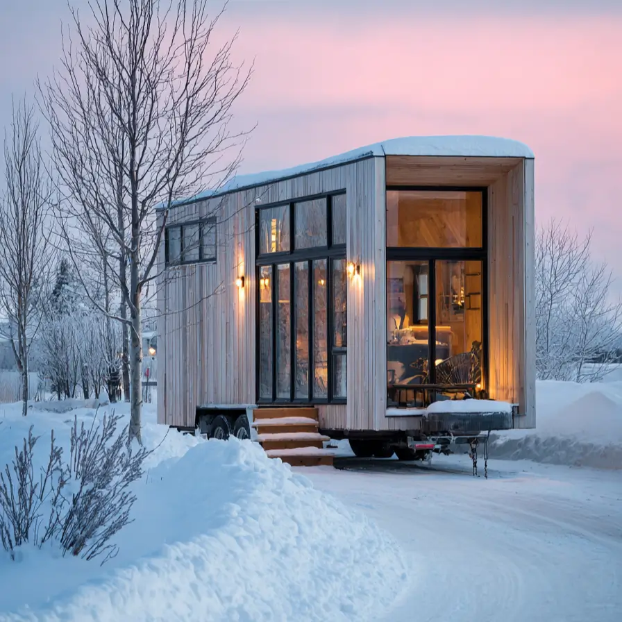 A modern Scandinavian tiny home on wheels with light wood siding, warmly lit at dusk in a snowy landscape.