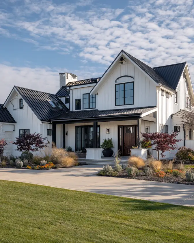 A large white and black modern farmhouse with a painted white brick chimney and a black metal roof.