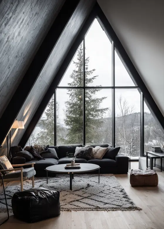 The interior of a modern A-frame living room with a large window looking out onto a snowy forest.