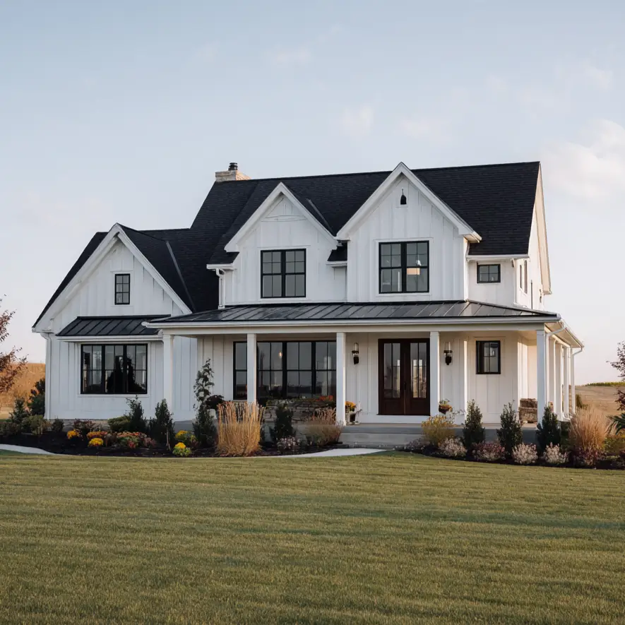 The grand exterior of a white farmhouse set against a vast, uncluttered green lawn at sunset.