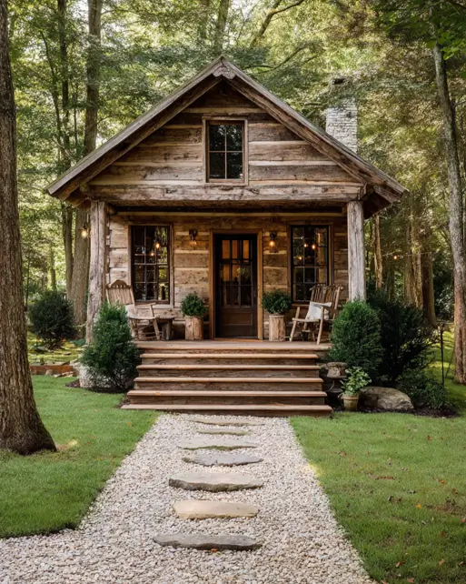 55 Tiny Cabin Ideas: The Ultimate Guide to Exterior & Interior Design 57 A classic small log cabin design with a formal pathway made of gravel and inset stone slabs, leading directly to the welcoming front porch.