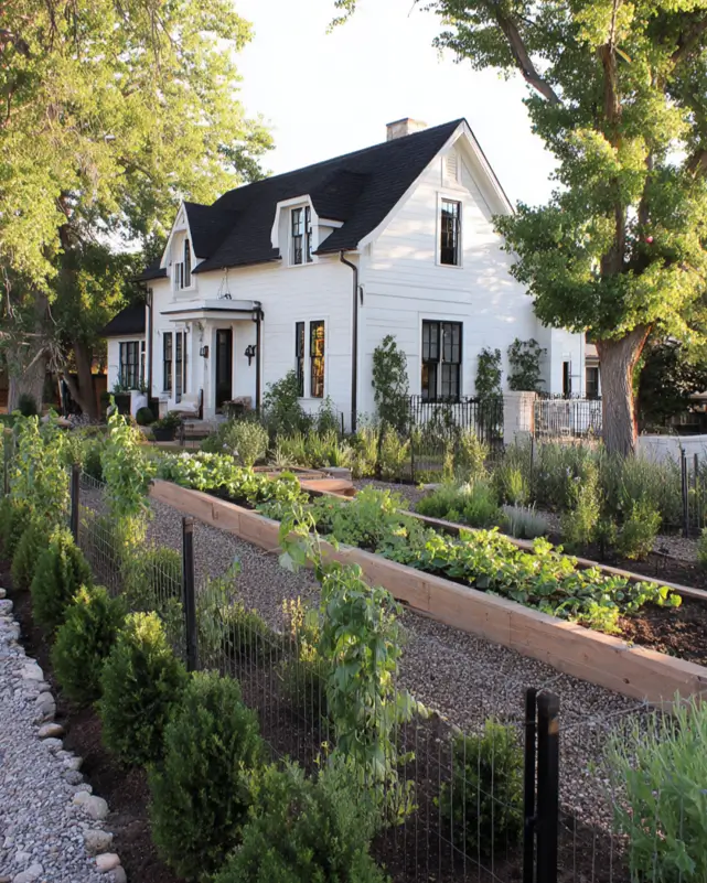 A timeless white farmhouse exterior seen behind a large, organized vegetable garden with raised beds.