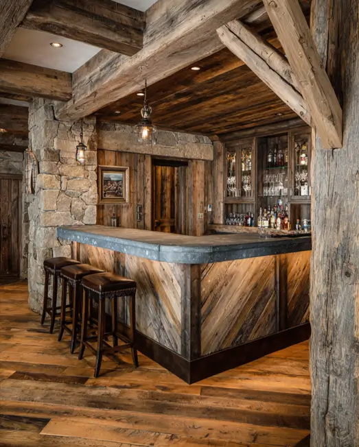 A rustic bar log cabin with a diagonal wood front, metal countertop, and stone pillar.