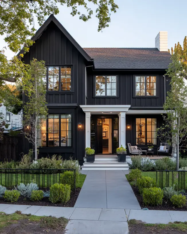 A symmetrical black and white modern farmhouse with a contrasting white portico and glowing windows at dusk.