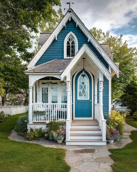 A small blue Gothic Revival cottage with a matching arched door and white trim, presenting a unique small house exterior idea.