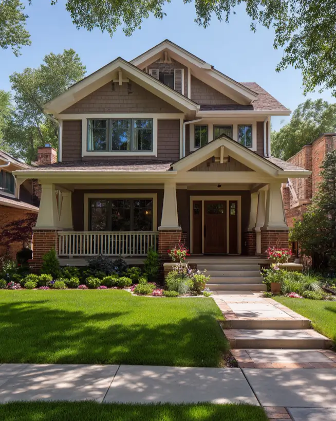 Beautiful contemporary craftsman house with brown shingle siding, a welcoming front porch supported by red brick piers, and crisp white trim.