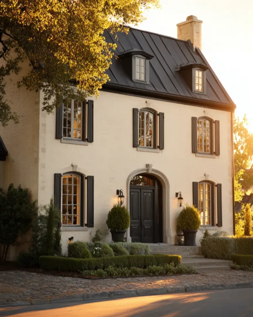 A French-inspired cream and black house idea with cream-painted brick, a prominent black metal roof, and black shutters, glowing in sunset light.