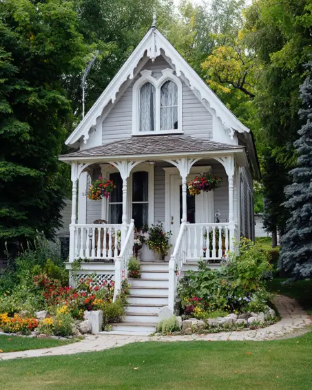 36 Tiny House Design Ideas + An Expert Interior Guide for 2025 9 A grey Victorian tiny house featuring ornate white gingerbread trim and a colorful garden.