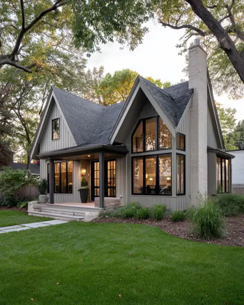36 Modern Cottage Exterior Ideas to Achieve Timeless Curb Appeal 9 A modern cottage style exterior in a soft, earthy gray, featuring a large cathedral-style window and a painted brick chimney.