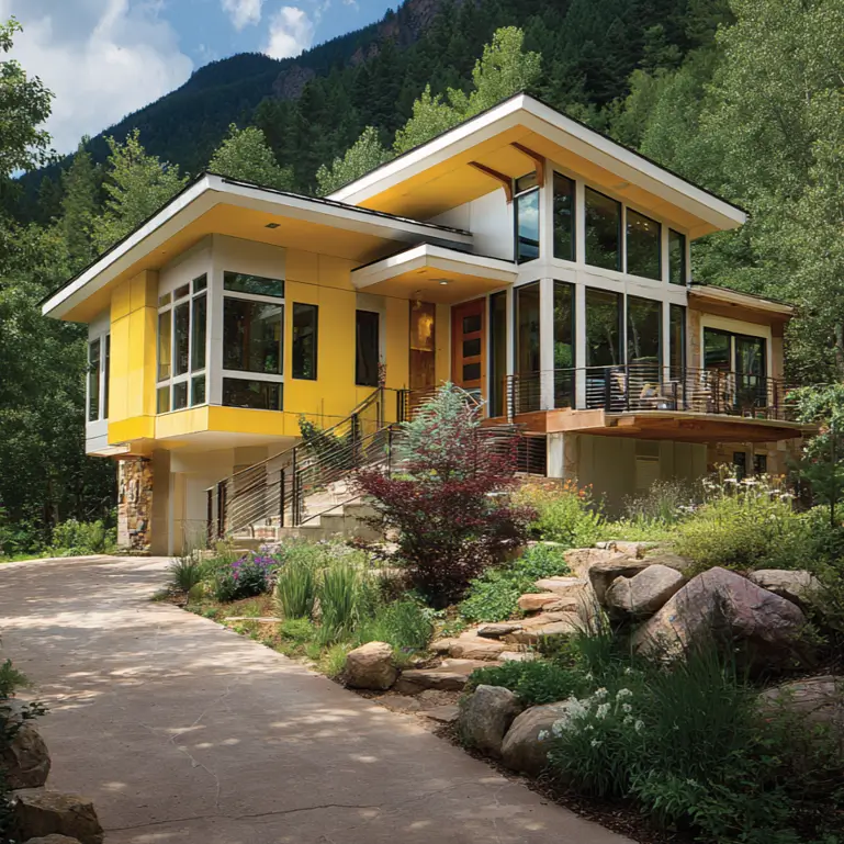 A modern mountain home with bright yellow siding and large windows, nestled into a lush green forest at the base of a mountain.