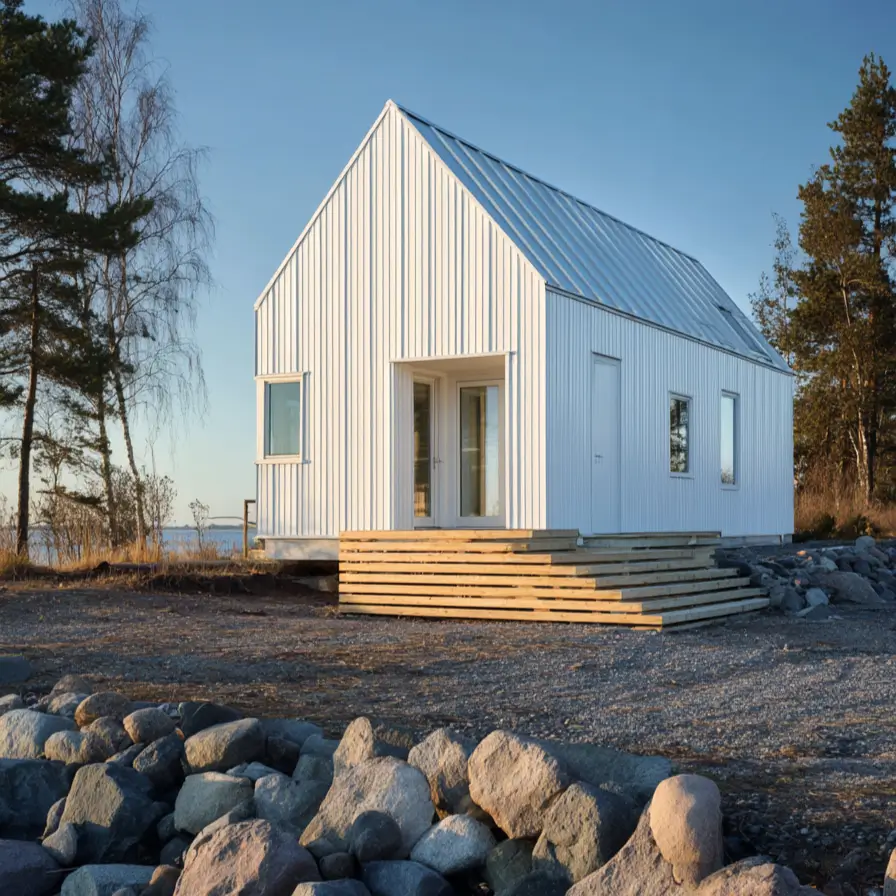 A minimalist white modern Scandinavian house exterior with a metal roof, located on a rocky shoreline under a clear blue sky.