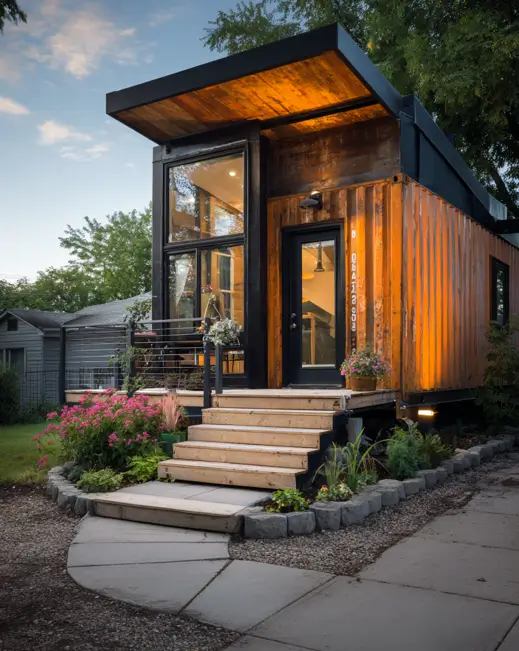 A rustic orange shipping container home at dusk, featuring a modern porch with a wood ceiling, large windows, and a landscaped wooden staircase with pink flowers.