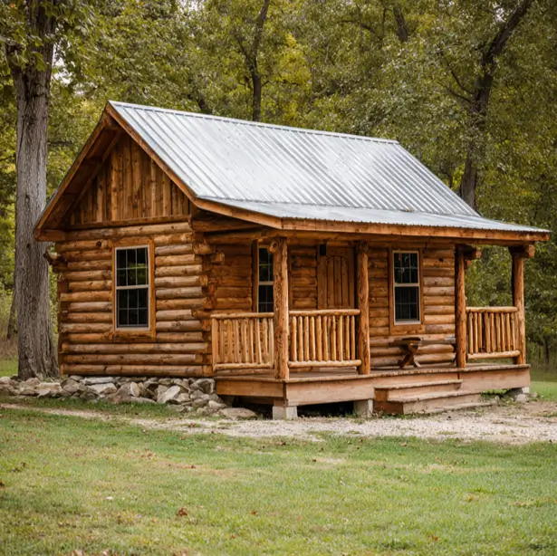 A rustic tiny log cabin featuring a bright corrugated metal roof and a spacious porch, set in a grassy clearing.