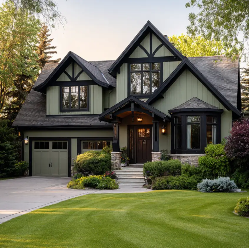 The exterior of a Tudor-style sage green house where bold black trim accentuates the unique architectural gables.