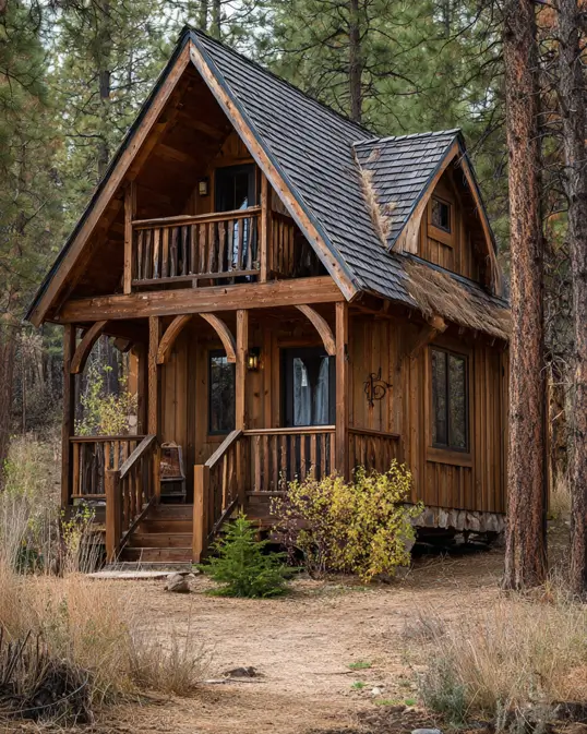 55 Tiny Cabin Ideas: The Ultimate Guide to Exterior & Interior Design 8 A storybook small cabin design idea featuring intricate decorative wood corbels under the eaves and a charming upper balcony.