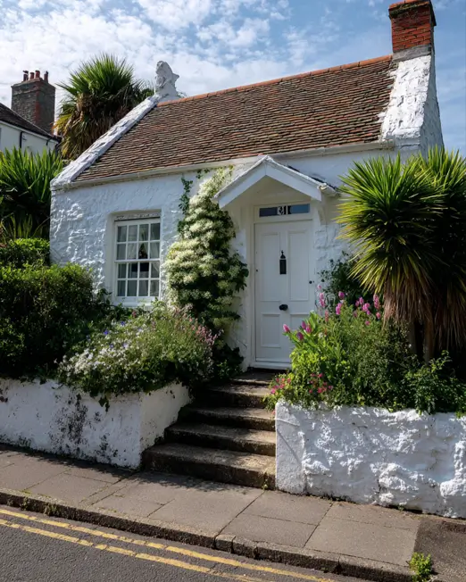 A small, whitewashed english cottage with a red tile roof and a single brick chimney, located directly on a village street with a tidy garden.