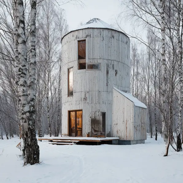 A rustic grain silo cabin with a beautifully weathered, whitewashed wood exterior, set among trees in a winter landscape.