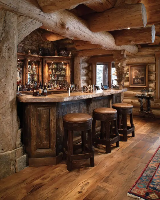 A stunning bar log cabin featuring massive, overlapping ceiling beams and a curved back bar with glass cabinets.
