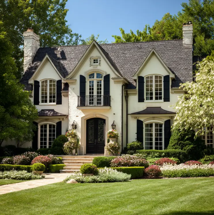 A stately French-style black and cream house exterior with cream walls, black shutters, and a beautifully manicured lawn and garden.
