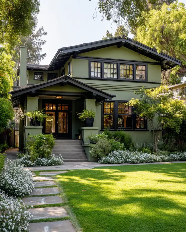 A dark, moody sage green house exterior in the Craftsman style, with thick black trim and a lush, green surrounding garden.