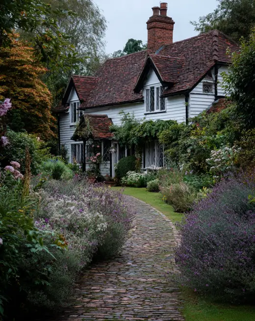 Historic english cottage style home with white weatherboard siding and classic diamond-paned windows, surrounded by a romantic, overgrown garden.