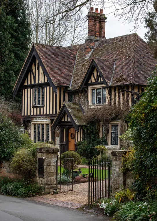 Authentic English Tudor-style house with dark timbering, a traditional clay tile roof, and a stone gate.