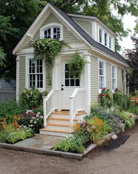 36 Tiny House Design Ideas + An Expert Interior Guide for 2025 10 A light green tiny house with white trim and overflowing flower-filled window boxes.