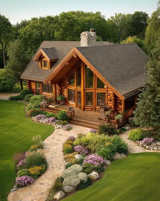 An A-frame log cabin home design with a wall of windows and a beautifully landscaped garden path.
