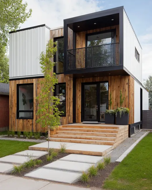A two-story shipping container home featuring a mix of vertical wood cladding and white corrugated metal panels, with a black-framed recessed balcony and a wide wooden entrance staircase.