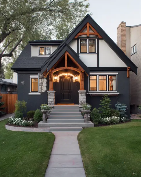 36 Modern Cottage Exterior Ideas to Achieve Timeless Curb Appeal 10 A modern cottage house with a dark exterior featuring Tudor-style wood framing on the gable and a charming arched timber entryway.