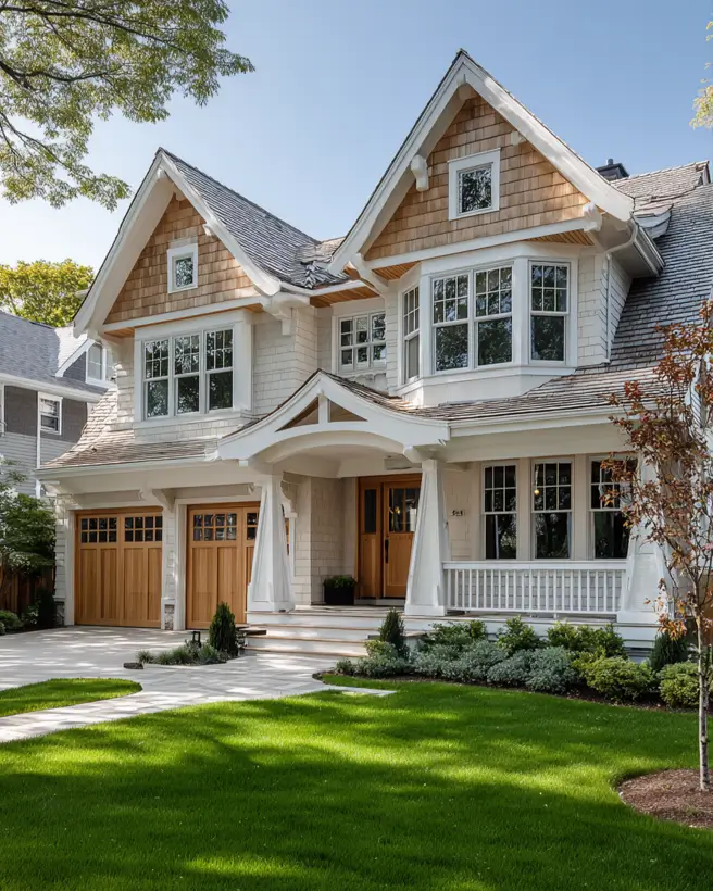 Two-story modern craftsman style house with bright white siding, natural wood shake gables, prominent tapered columns, and matching wood garage doors.