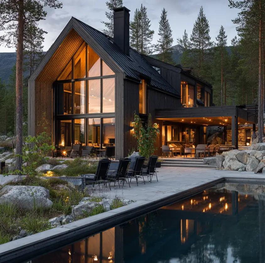 A dark modern Scandinavian house at dusk, its large window glowing and reflecting in a sleek swimming pool.
