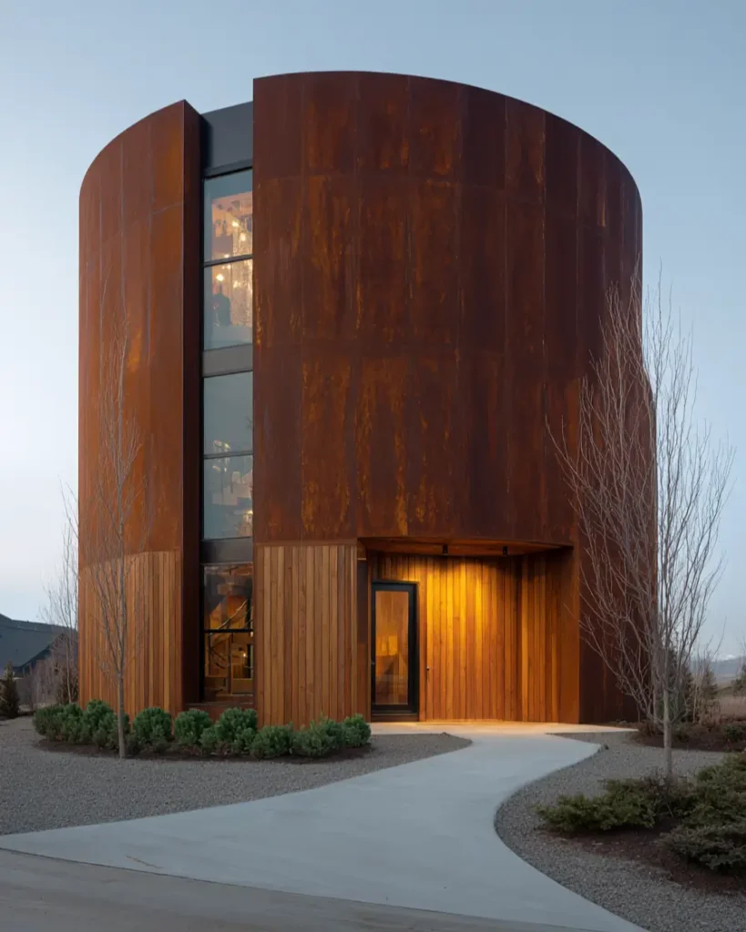 A contemporary grain silo house featuring a rich, rust-colored weathering steel exterior and a multi-story window panel at dusk.