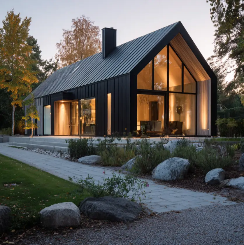 A Scandinavian style home exterior with a black metal finish and a glowing glass gable end at twilight.