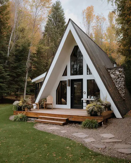 Tiny A-Frame Cabins: 31 Inspiring Ideas for Your Dream Retreat 10 A white small a-frame house featuring a large river stone chimney and a simple wooden deck.