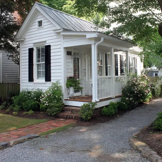 A small white house with black shutters and a long side porch, showcasing a classic exterior house idea with a metal roof.