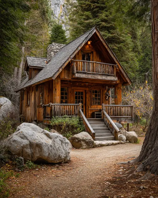 55 Tiny Cabin Ideas: The Ultimate Guide to Exterior & Interior Design 9 A two-story tiny cabin home idea built from warm-toned wood, featuring a large river-stone chimney and a second-floor balcony.