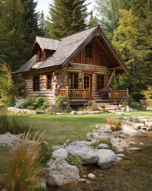 A classic tiny log home with a wood shake roof nestled by a clear, rocky stream in a pine forest setting.
