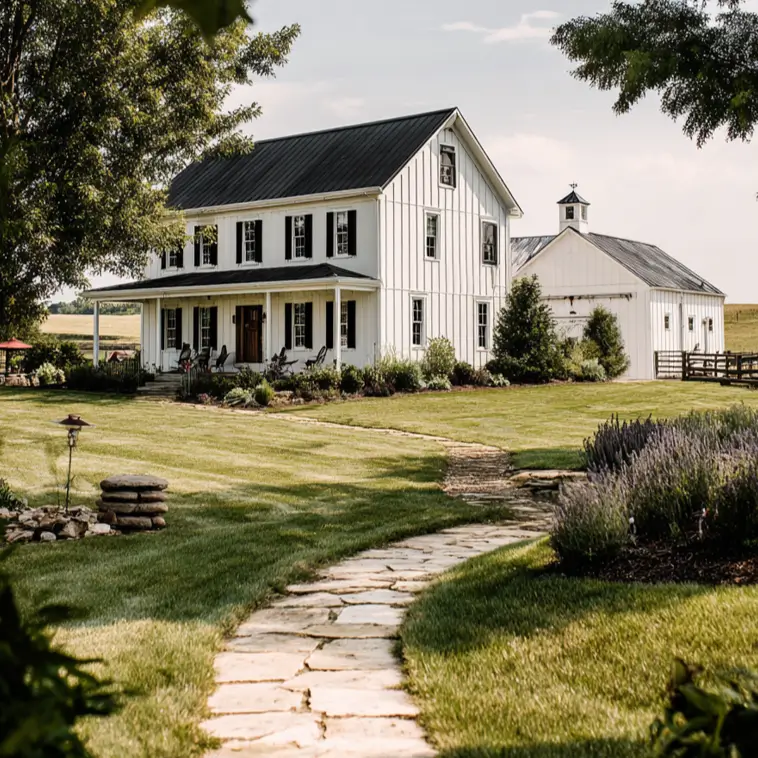 A classic white farmhouse with crisp black shutters and a matching white barn in the background.