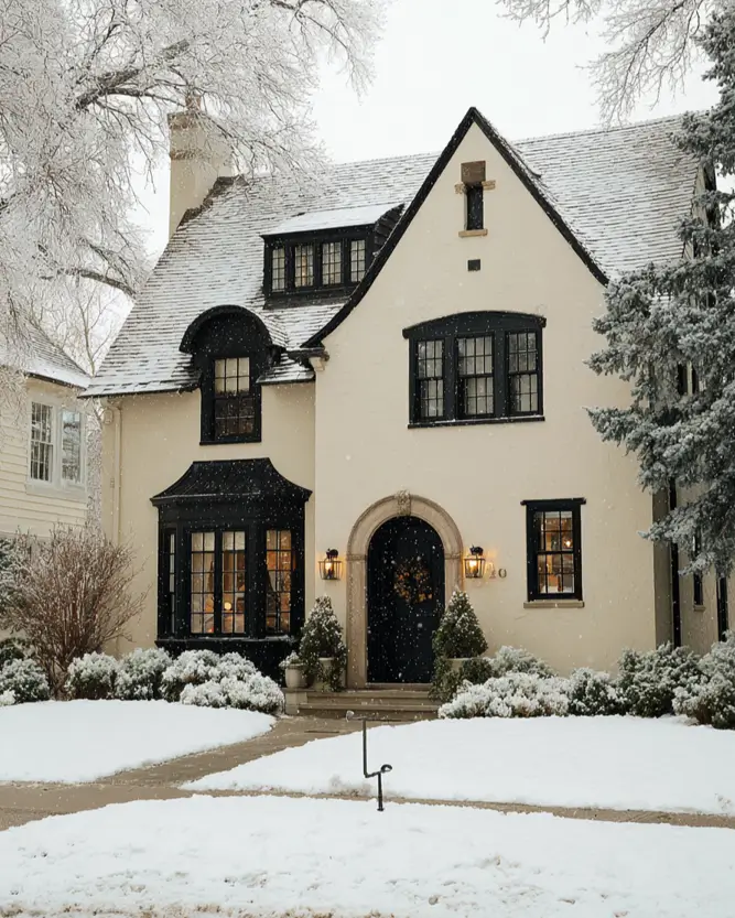 A charming storybook-style cream and black house exterior with cream stucco and black windows, pictured in a lovely winter snow scene.