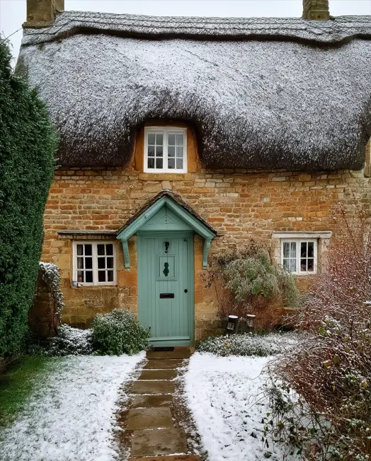 A cozy english cottage house design in winter, with a light blanket of snow covering its thatched roof and a welcoming light green front door.