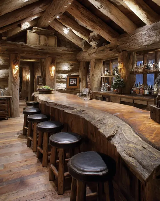 A grand bar log cabin with a high vaulted ceiling made of large logs and a long live-edge counter.