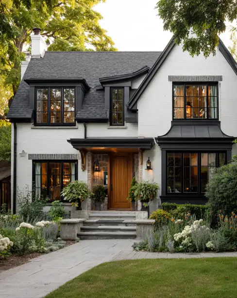 36 Modern Cottage Exterior Ideas to Achieve Timeless Curb Appeal 11 An elegant modern cottage with a white brick exterior, bold black metal trim on the bay windows, and a warm wooden front door.