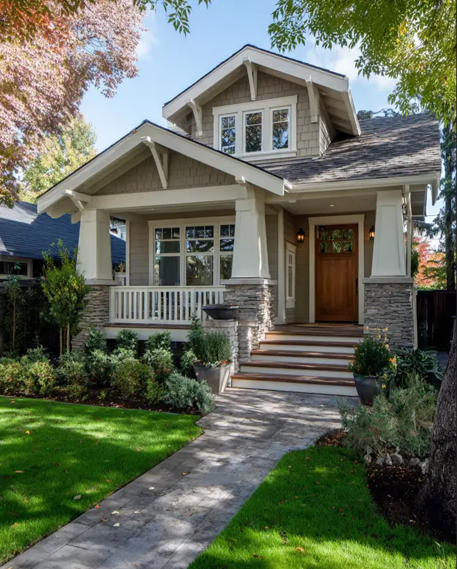 Contemporary craftsman house exterior featuring a mix of taupe siding, rugged stacked stone on the porch, and white tapered columns.