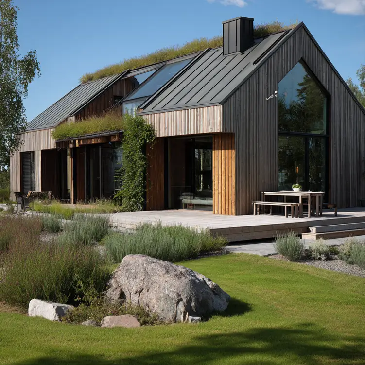 A modern Scandinavian house exterior with a living green roof, vertical wood siding, and a large wooden deck in a sunlit garden.