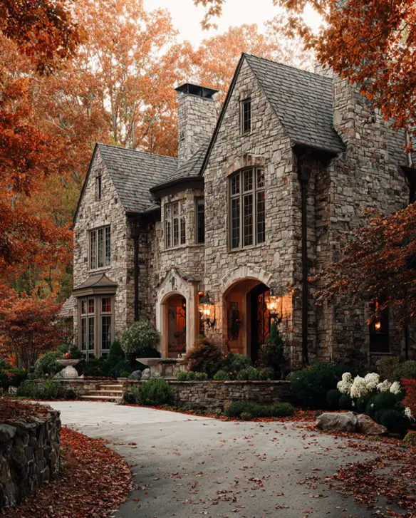 A large stone manor-style house with a slate roof, surrounded by trees with vibrant orange autumn foliage.