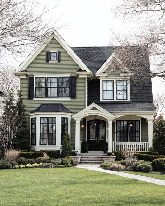 A traditional sage green house with black trim, featuring a large, elegant bay window as the central focal point.