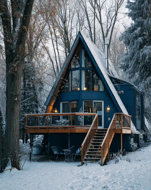 Tiny A-Frame Cabins: 31 Inspiring Ideas for Your Dream Retreat 11 A cozy blue tiny a frame cabin with glowing windows, set in a beautiful winter snowscape.